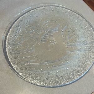 Vintage Libbey Clear Glass Christmas Snowman 13” Round Serving Platter Dish Tray